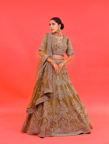 Mehndi Green Tissue Lehenga