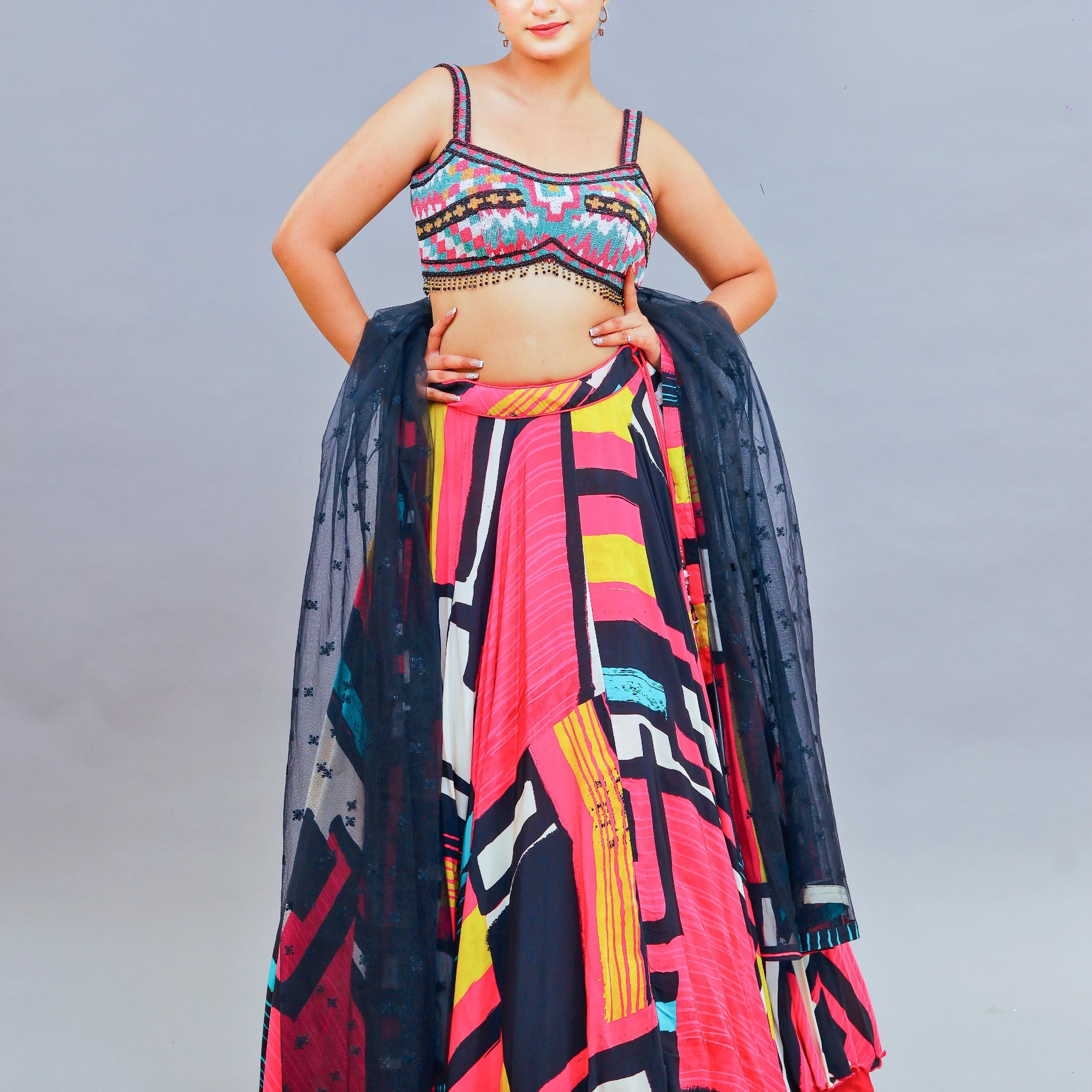 Multi Print Crepe Lehenga Set