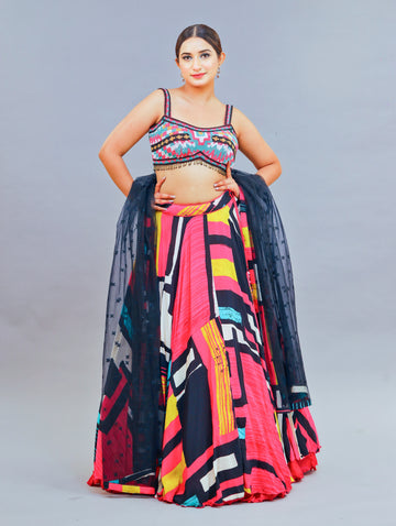 Multi Print Crepe Lehenga Set