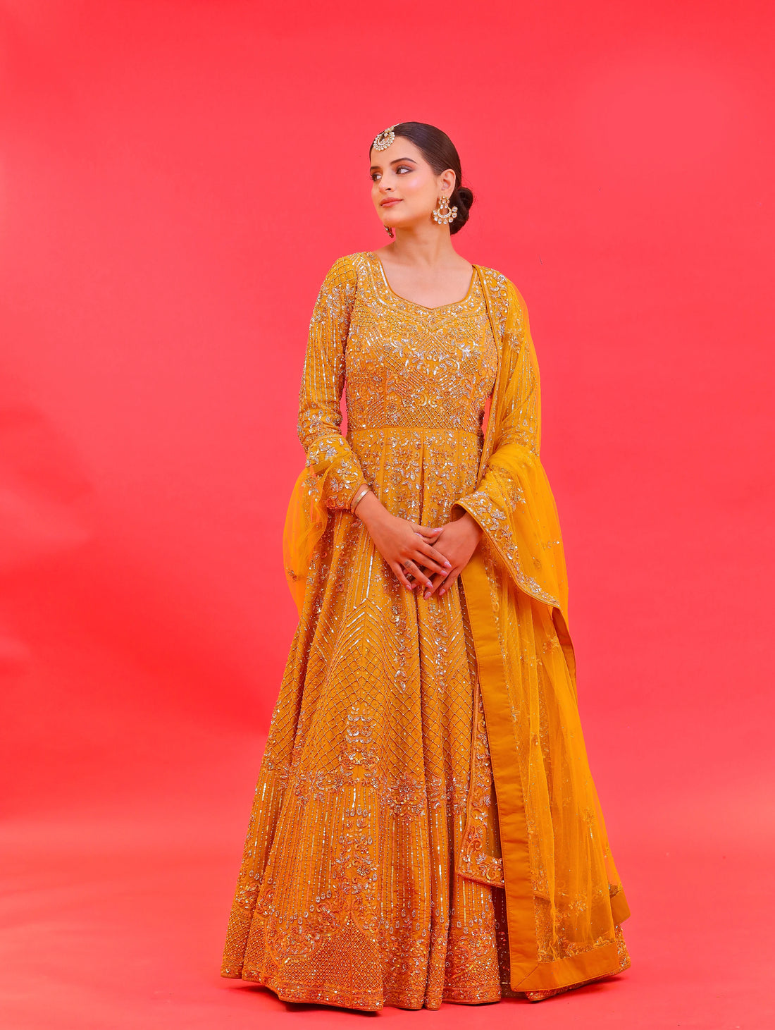 Mustard Anarkali Floor Length Gown with Sequins, Pearls & Crystal Work