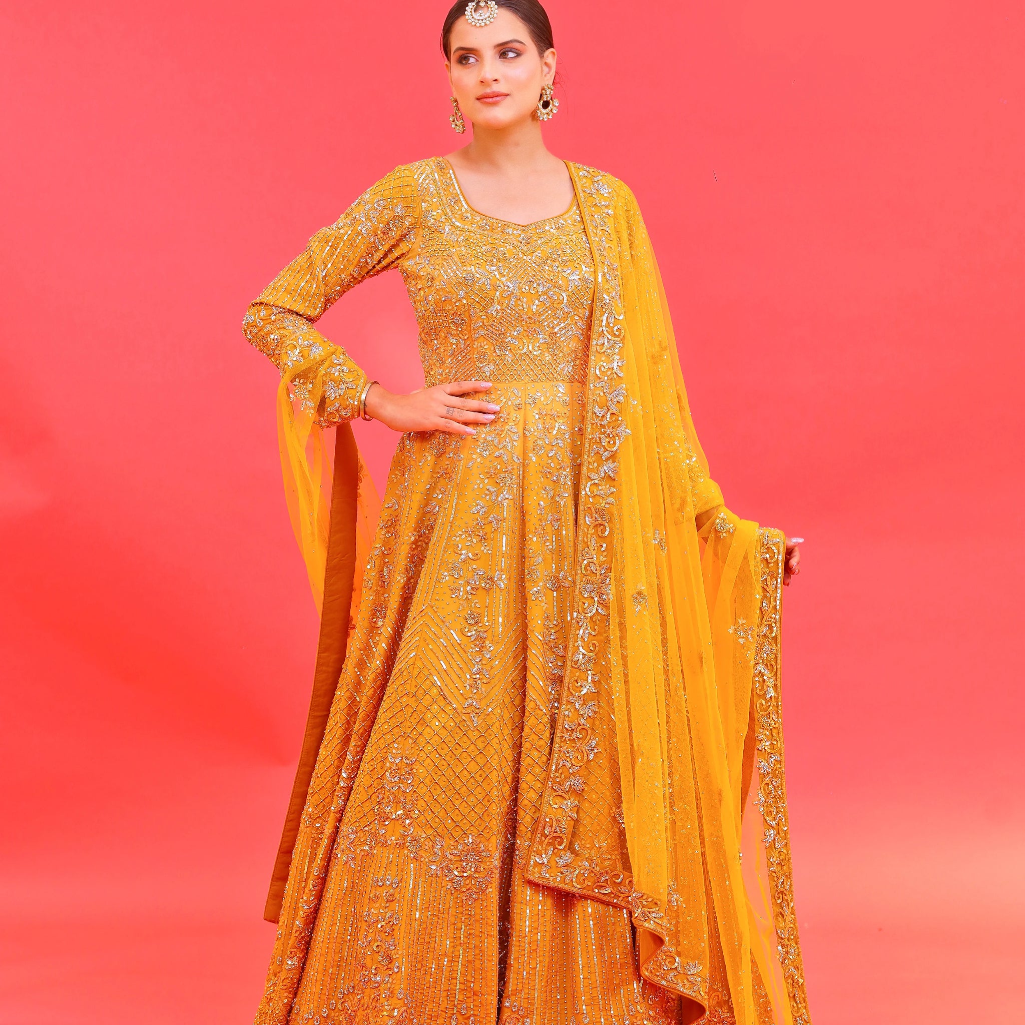 Mustard Anarkali Floor Length Gown with Sequins, Pearls & Crystal Work