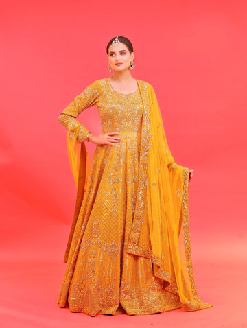 Mustard Anarkali Floor Length Gown with Sequins, Pearls & Crystal Work