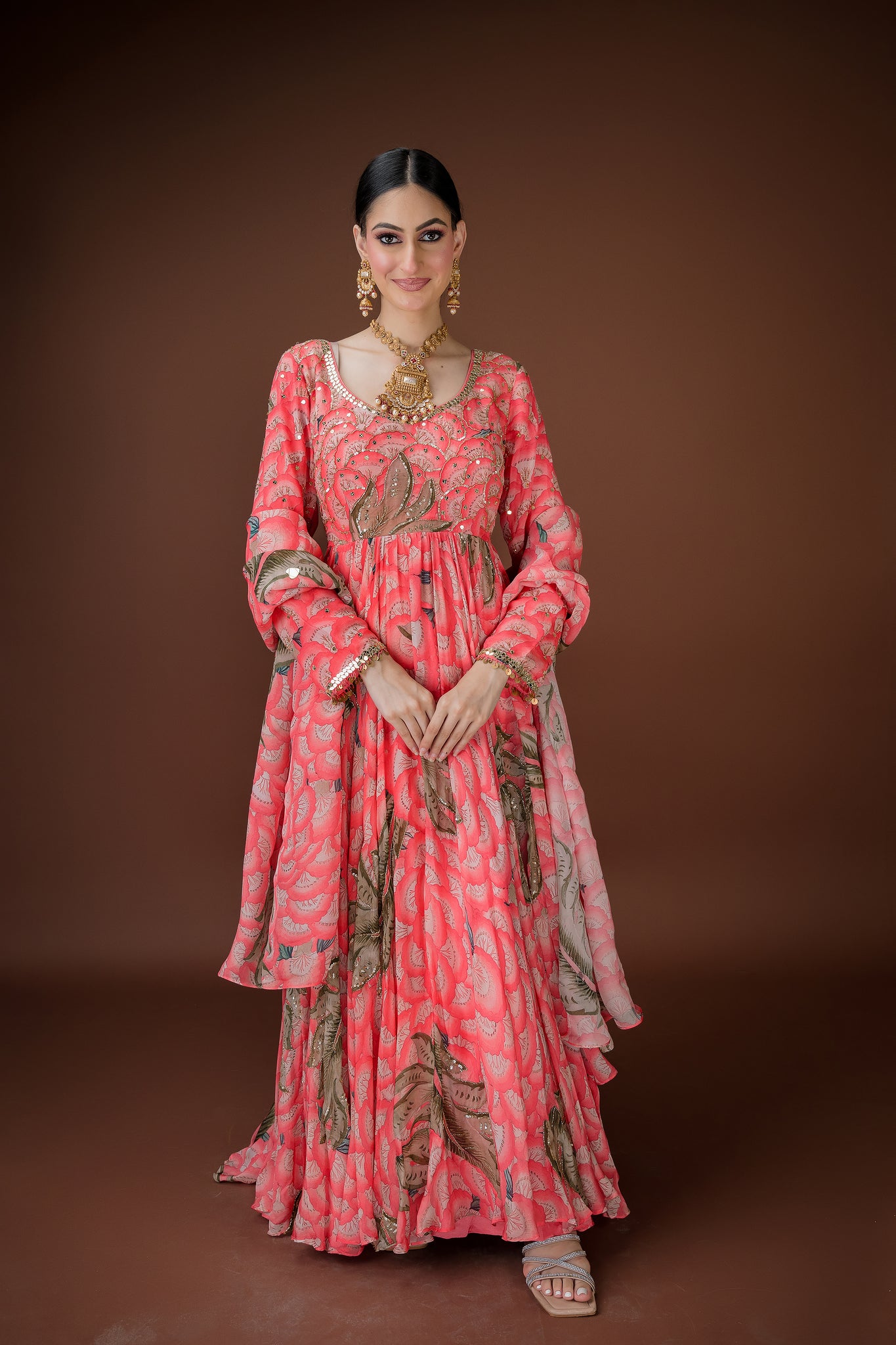 Beautiful Peach color Anarkali suit for day weddings, mehendi ceremonies etc.