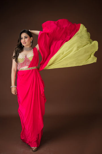 Rani red saree perfect for cocktail nights, destination weddings, or fashion-forward festive wear