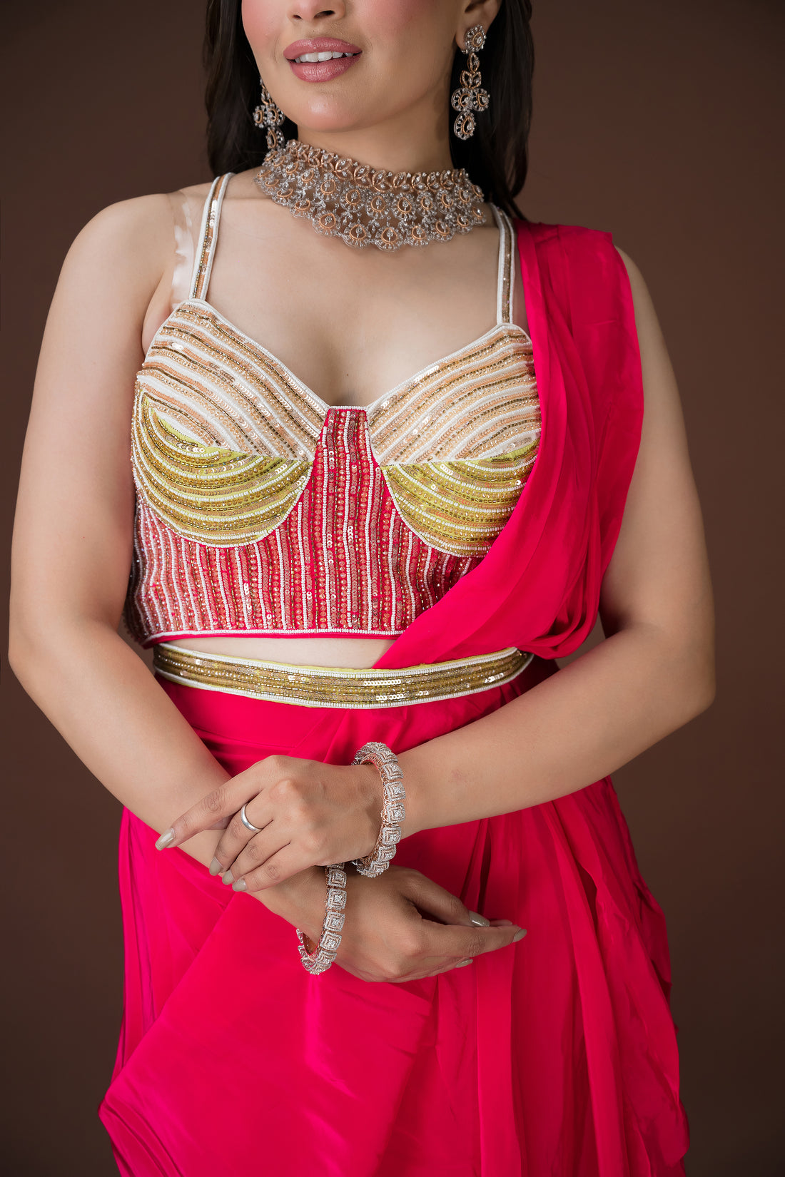 Rani red saree perfect for cocktail nights, destination weddings, or fashion-forward festive wear