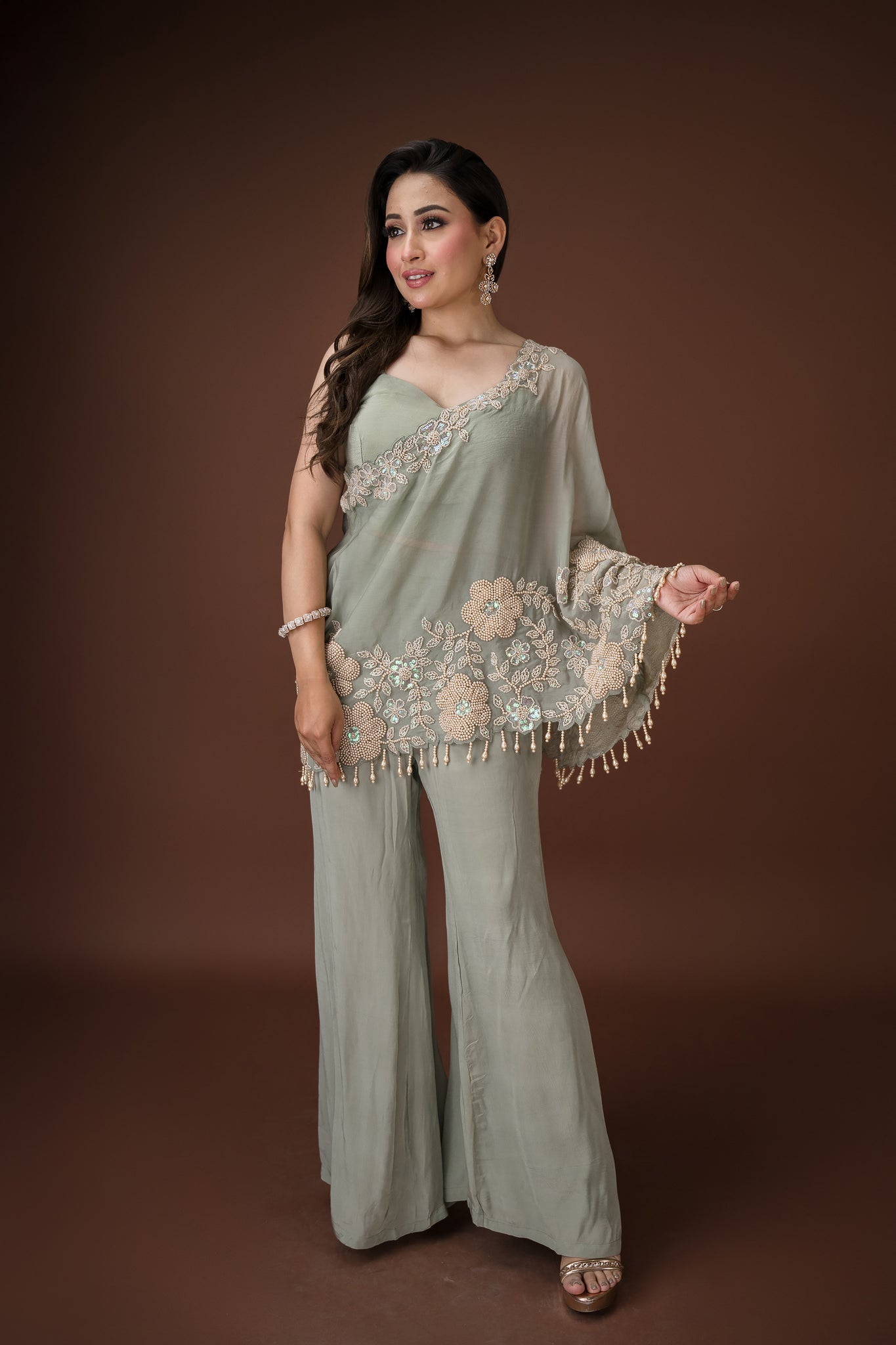 Grey Embroidered One-Shoulder Palazzo Set for festive occasions, weddings