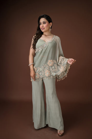 Grey Embroidered One-Shoulder Palazzo Set for festive occasions, weddings