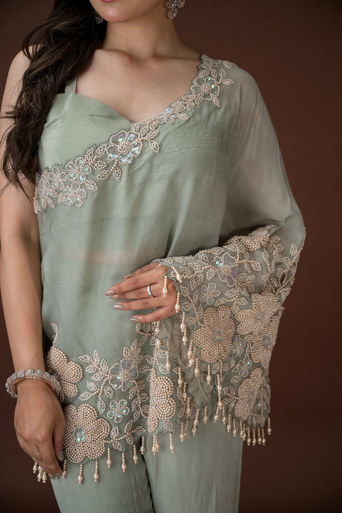 Grey Embroidered One-Shoulder Palazzo Set for festive occasions, weddings