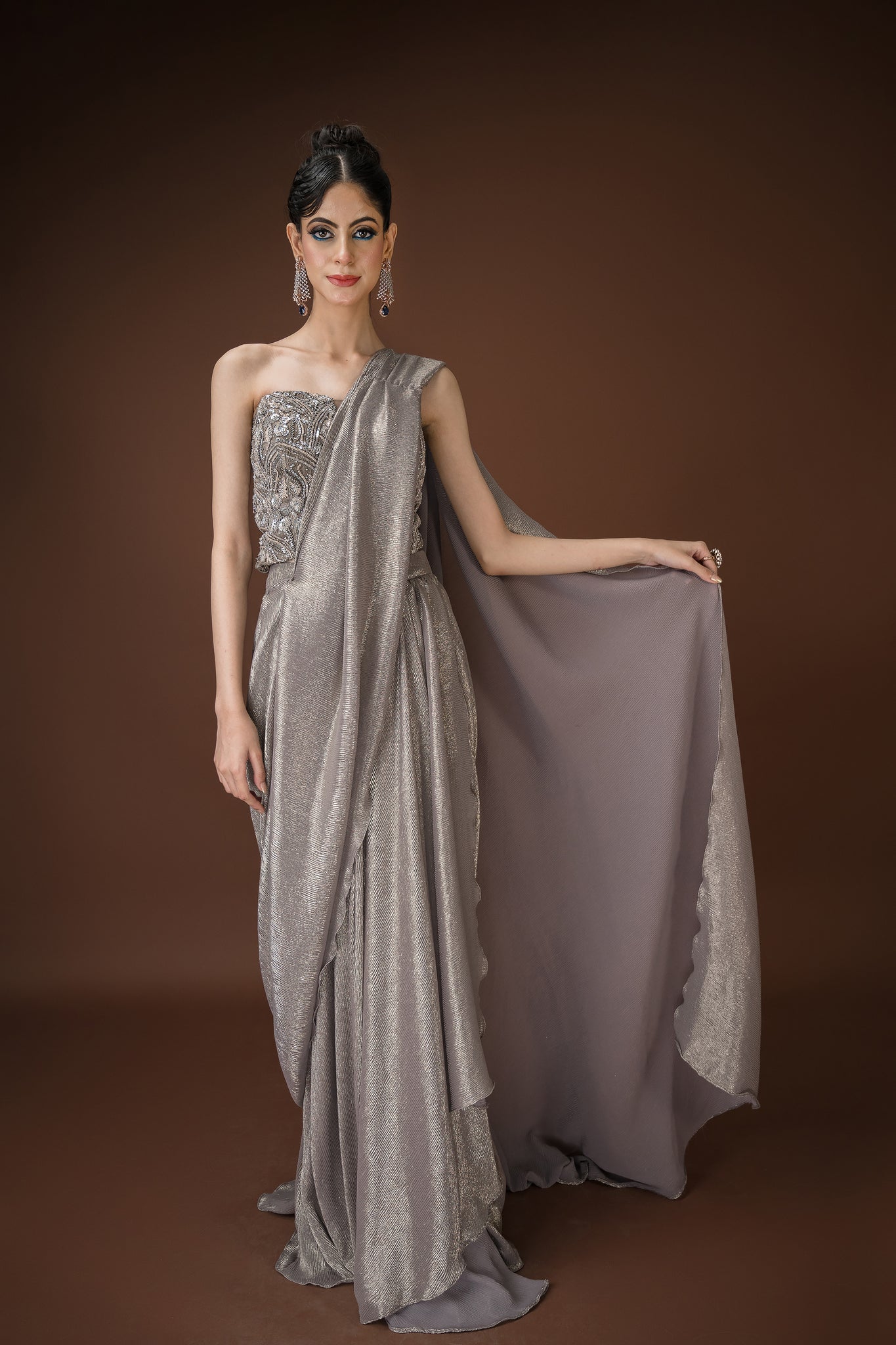 Elegant Grey Strapless Saree Gown with Shimmer Drape – Perfect for Glam Evenings