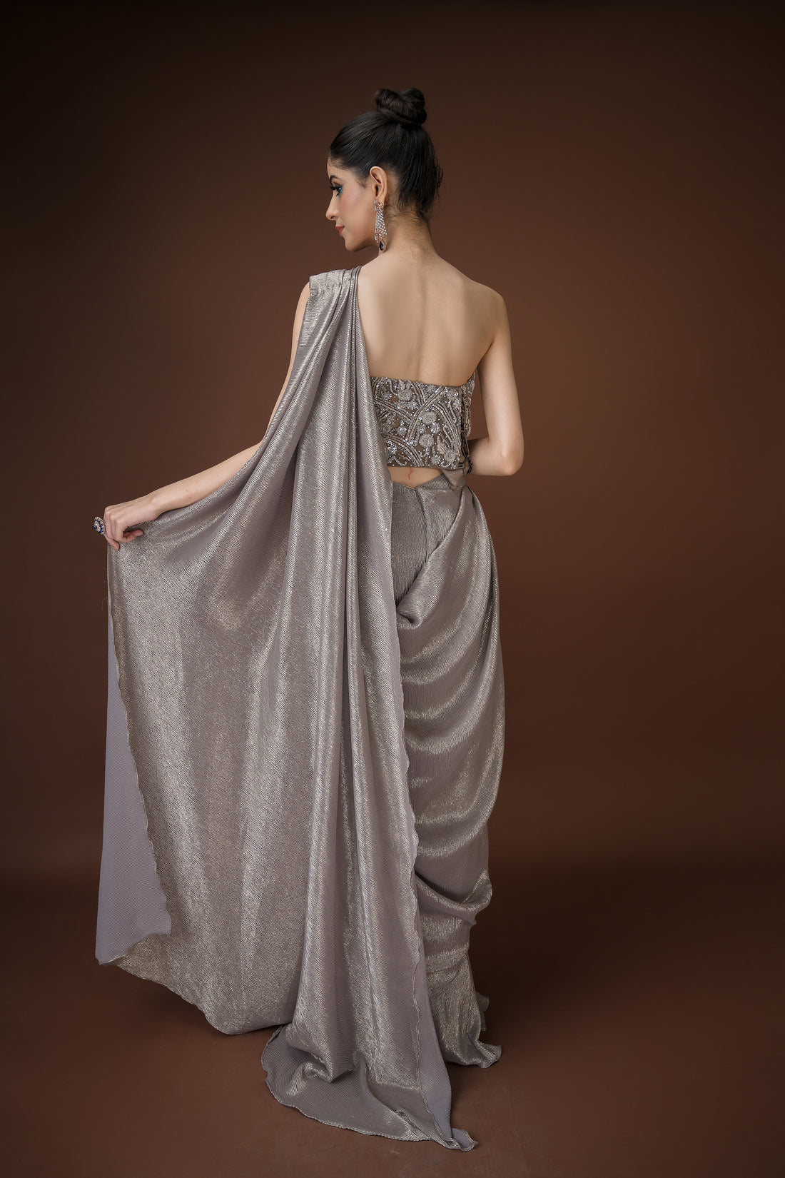 Elegant Grey Strapless Saree Gown with Shimmer Drape – Perfect for Glam Evenings