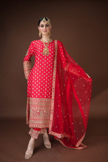 Sindoori Red Raw silk suit for wedding, shagun & all day events