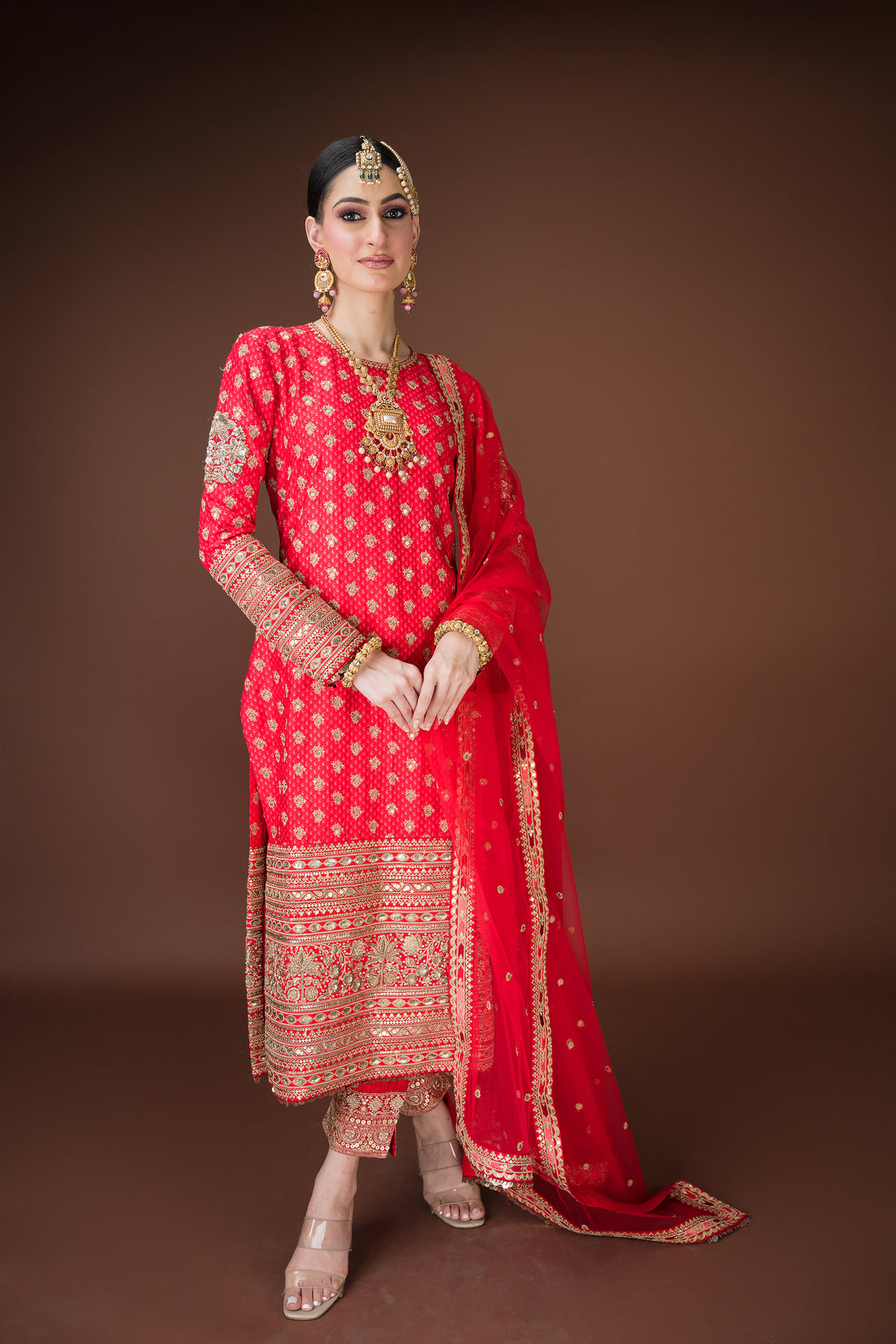 Sindoori Red Raw silk suit for wedding, shagun & all day events