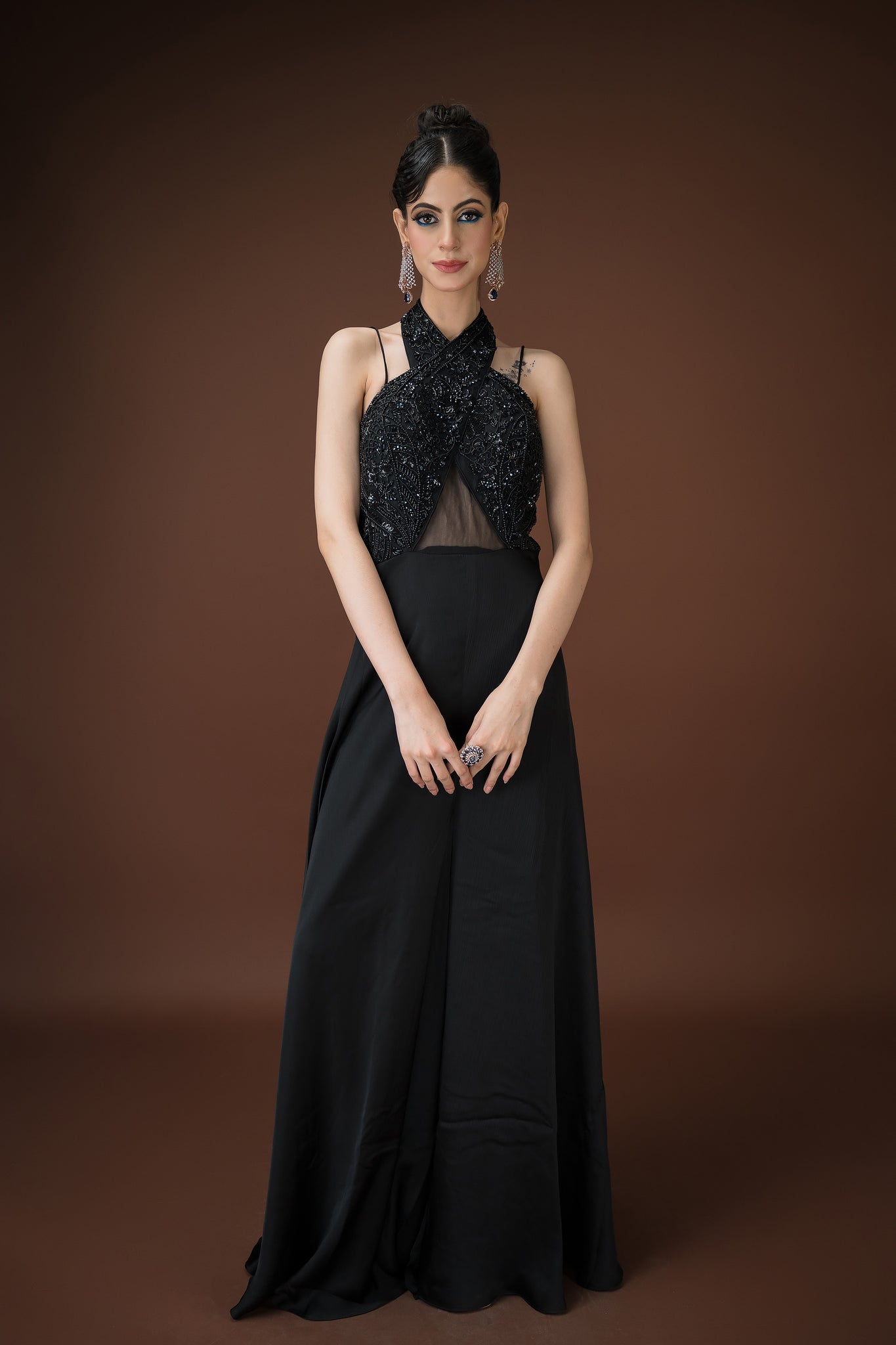 Black Beaded Halter Neck Gown with Pearl Cut Dana & Mesh Detail – Evening Elegance