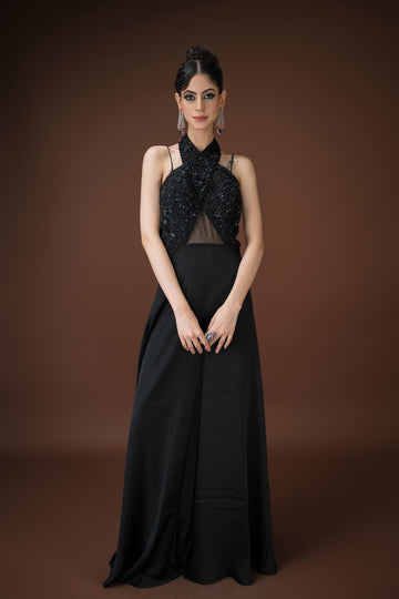 Black Beaded Halter Neck Gown with Pearl Cut Dana & Mesh Detail – Evening Elegance