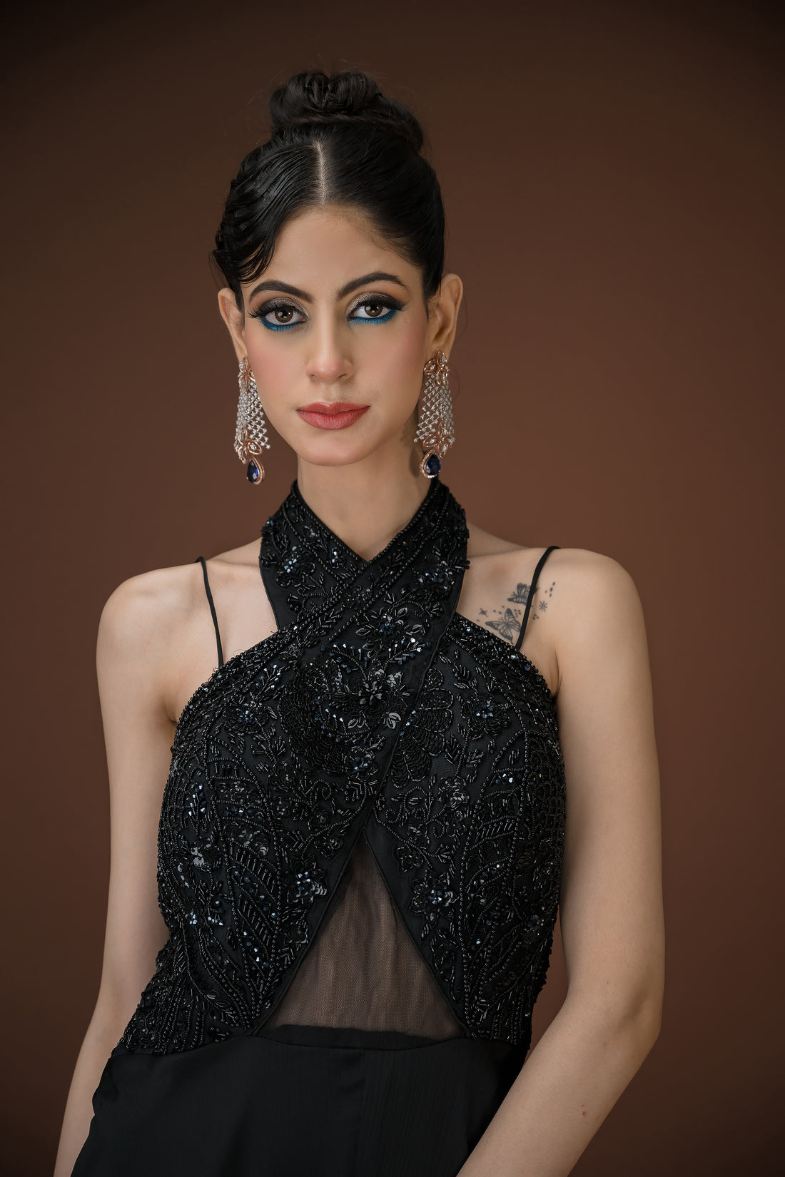 Black Beaded Halter Neck Gown with Pearl Cut Dana & Mesh Detail – Evening Elegance