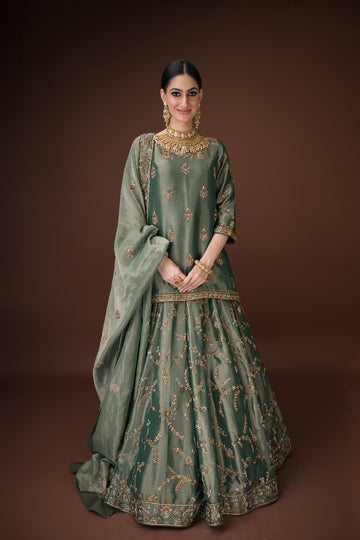 Elegant Green Kanjiwaram Lehenga Set – Traditional Dabka Work for Festive Occasions