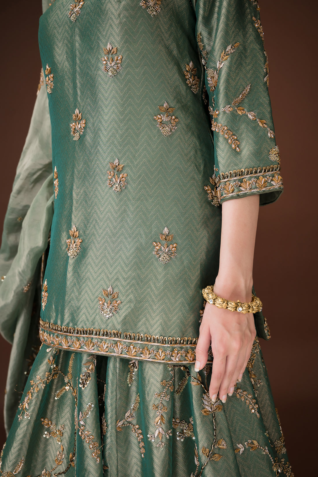 Elegant Green Kanjiwaram Lehenga Set – Traditional Dabka Work for Festive Occasions