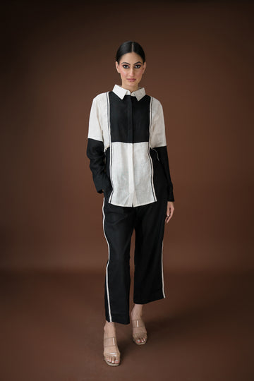 Chic Linen cotton Coord Set in Black and White – Relaxed Wide-Leg Trouser Outfit