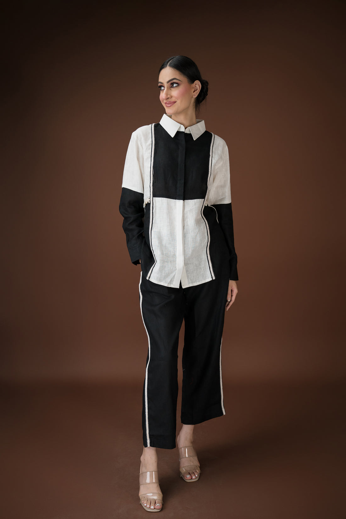 Chic Linen cotton Coord Set in Black and White – Relaxed Wide-Leg Trouser Outfit