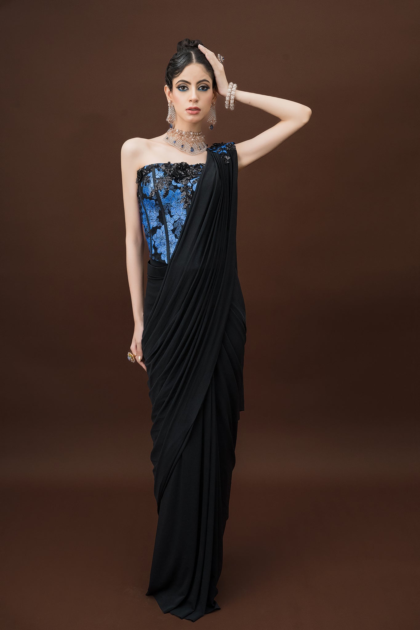 Luxury Black Party Saree with Corset Top – Modern Glam Fusion Wear