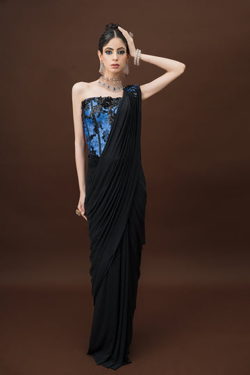 Luxury Black Party Saree with Corset Top – Modern Glam Fusion Wear