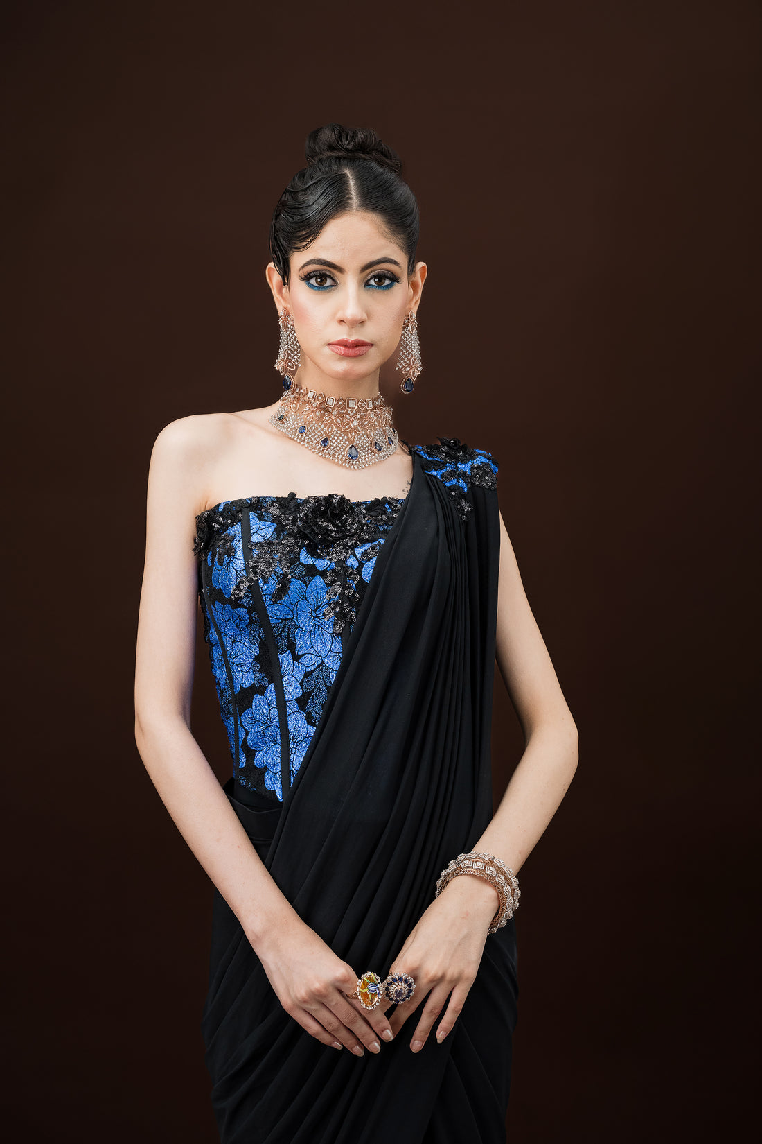 Luxury Black Party Saree with Corset Top – Modern Glam Fusion Wear
