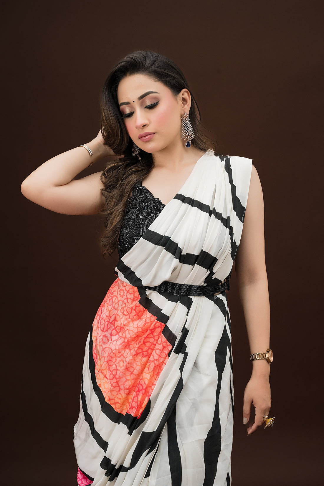 White & Black Striped Saree with Pink-Orange Border – Monotone Sequin Blouse