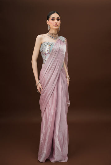 Shimmering Pink Organza Saree with Floral Corset – Ideal for Engagements & Parties