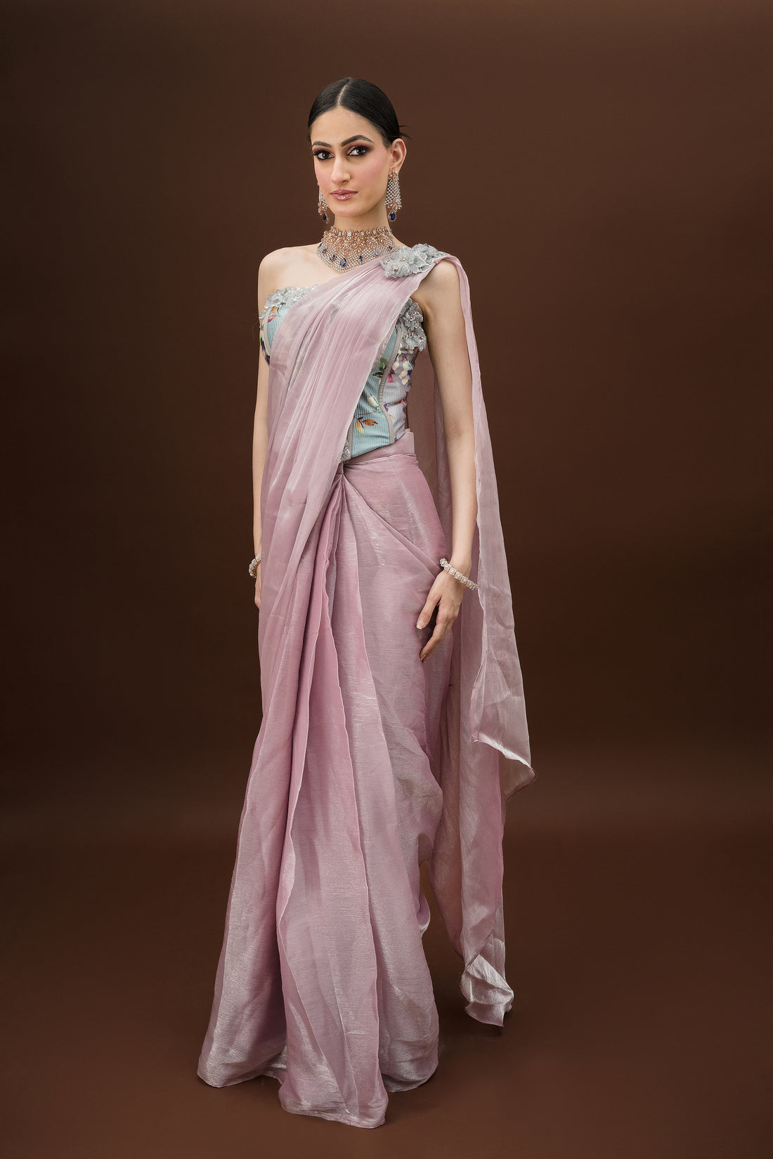 Shimmering Pink Organza Saree with Floral Corset – Ideal for Engagements & Parties