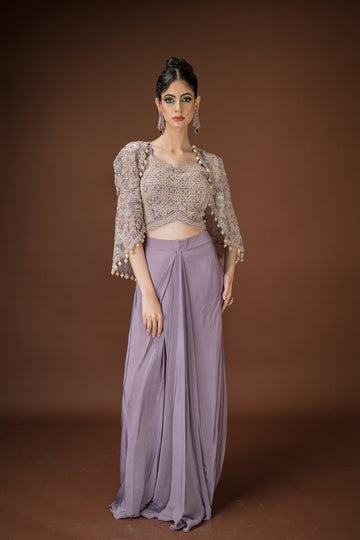 Mauve Georgette Draped Skirt Set – Embellished Crop Blouse with Bell Sleeves