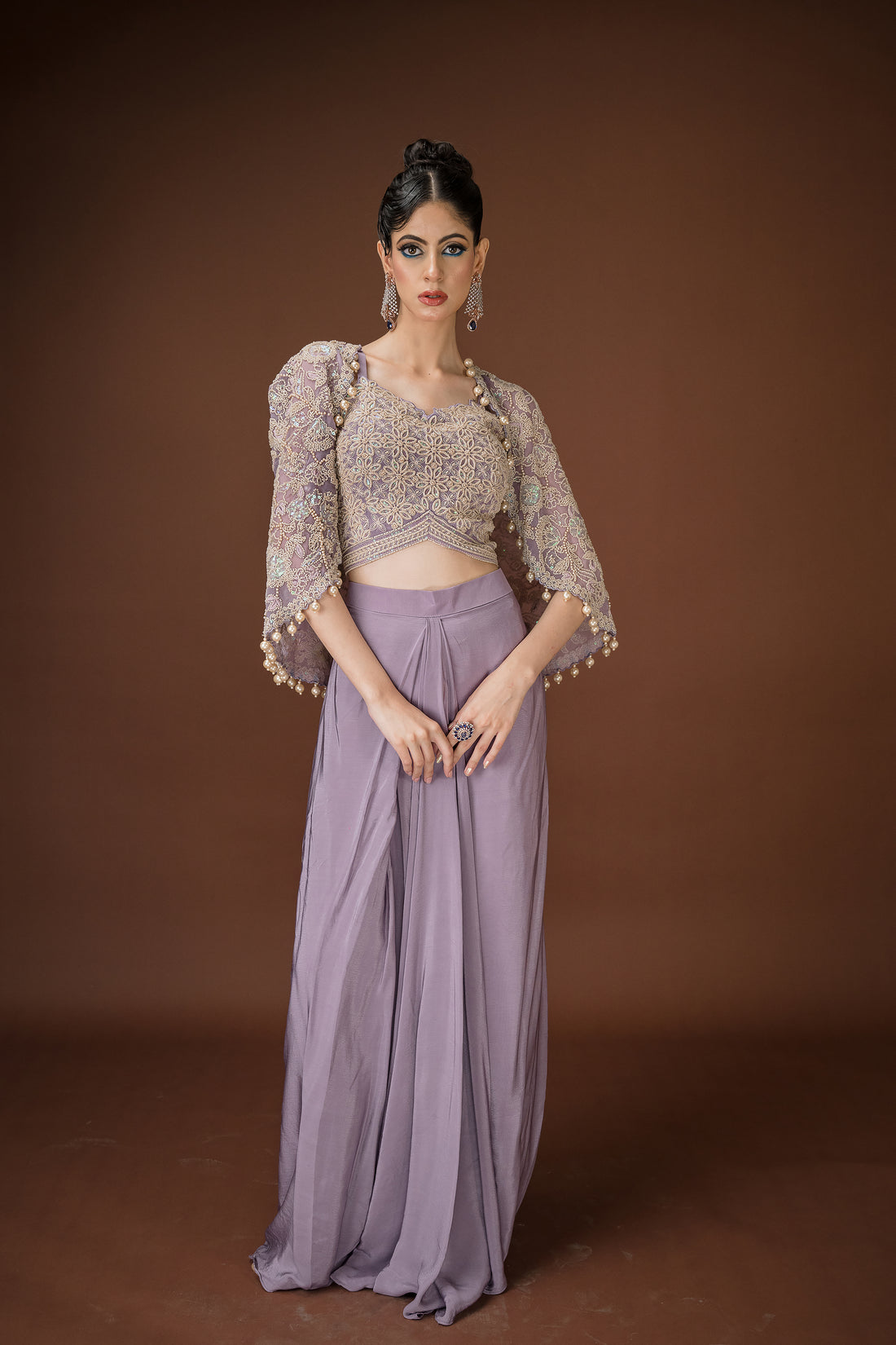 Mauve Georgette Draped Skirt Set – Embellished Crop Blouse with Bell Sleeves
