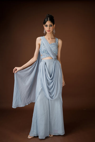Powder blue palazzo with attached pallu-drape for cocktail, shagun etc.