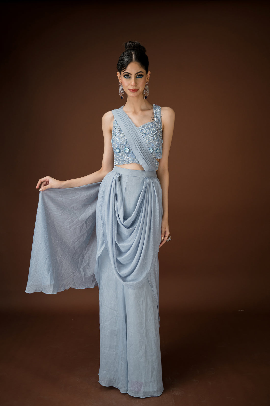 Powder blue palazzo with attached pallu-drape for cocktail, shagun etc.