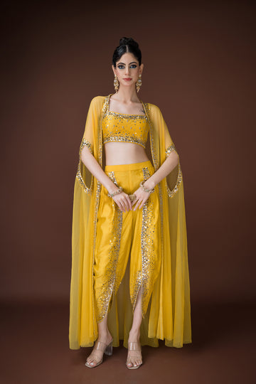 Yellow crop top & Dhoti Set with Gold Detailing – Perfect for Haldi, Mehendi & Parties