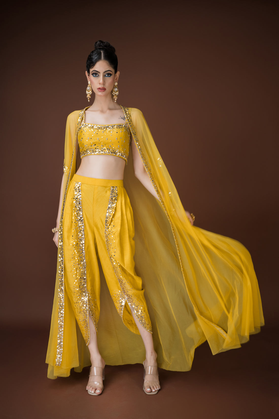 Yellow crop top & Dhoti Set with Gold Detailing – Perfect for Haldi, Mehendi & Parties