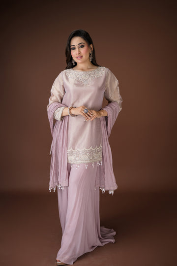 Soft Pink Tunic Palazzo Ensemble –Silver Dabka Work with Beaded Shawl