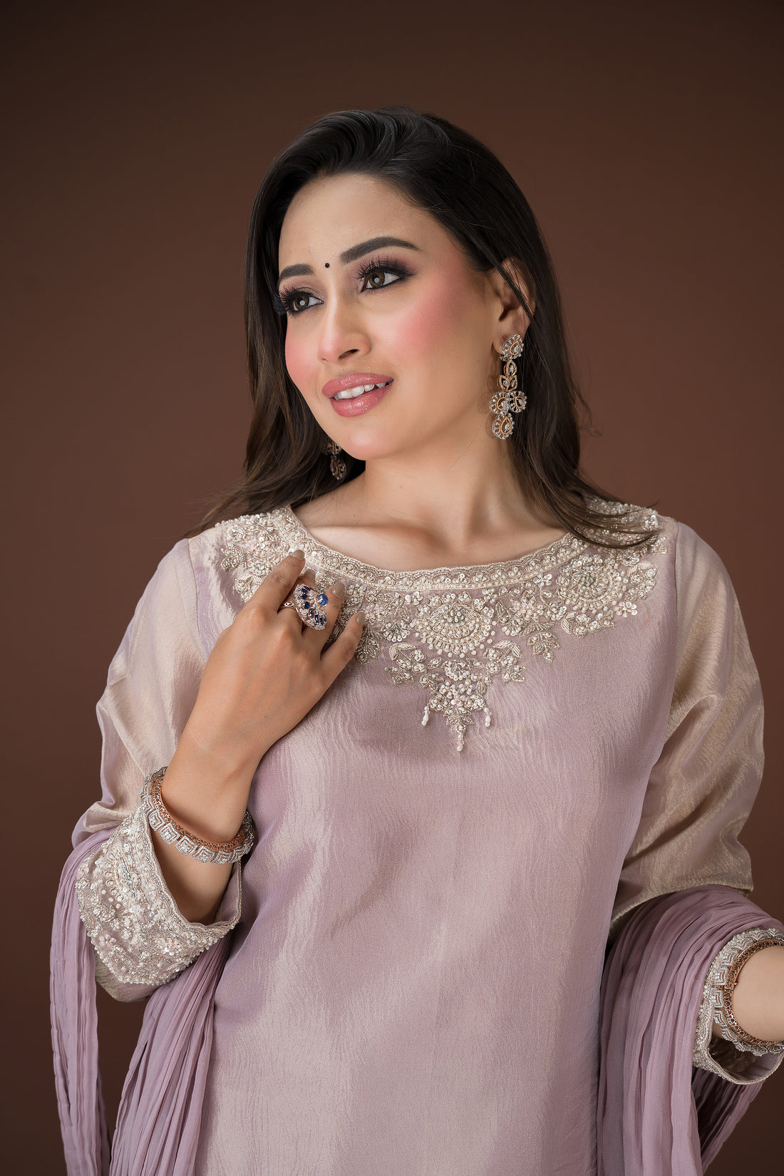 Soft Pink Tunic Palazzo Ensemble –Silver Dabka Work with Beaded Shawl
