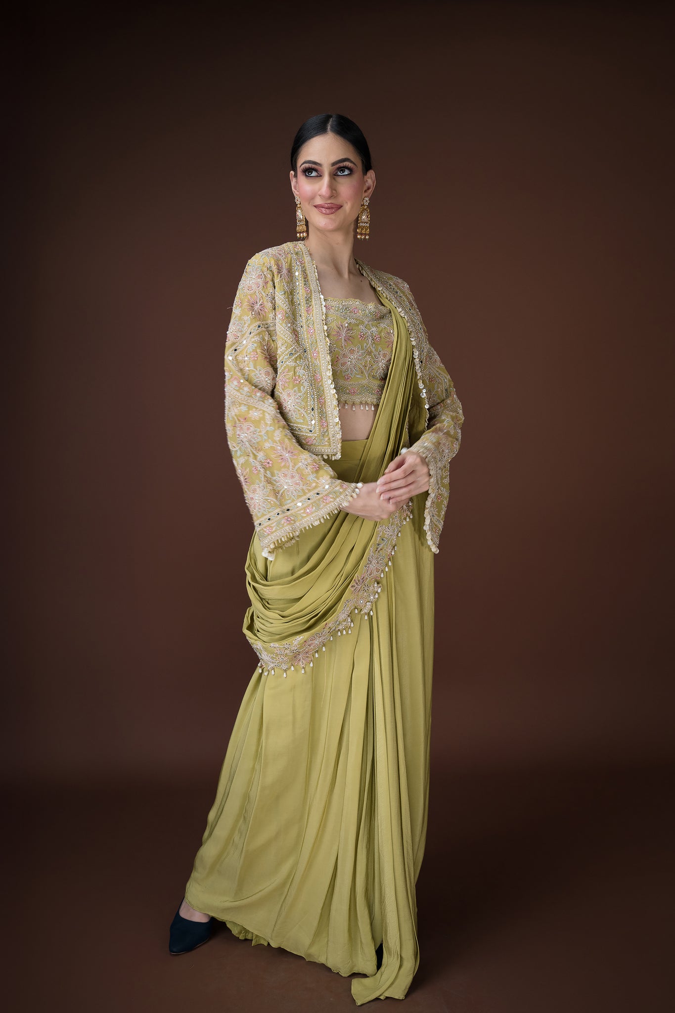 Designer Mehendi Green Saree – Fine Beadwork with Traditional Parsi Motifs