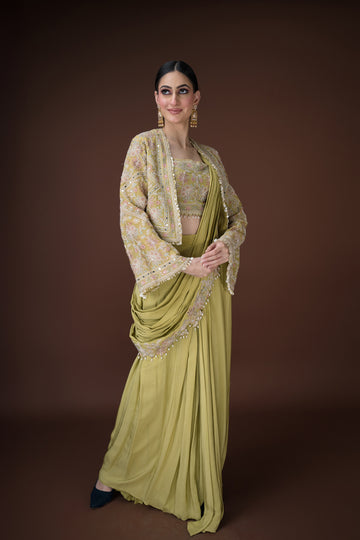 Designer Mehendi Green Saree – Fine Beadwork with Traditional Parsi Motifs