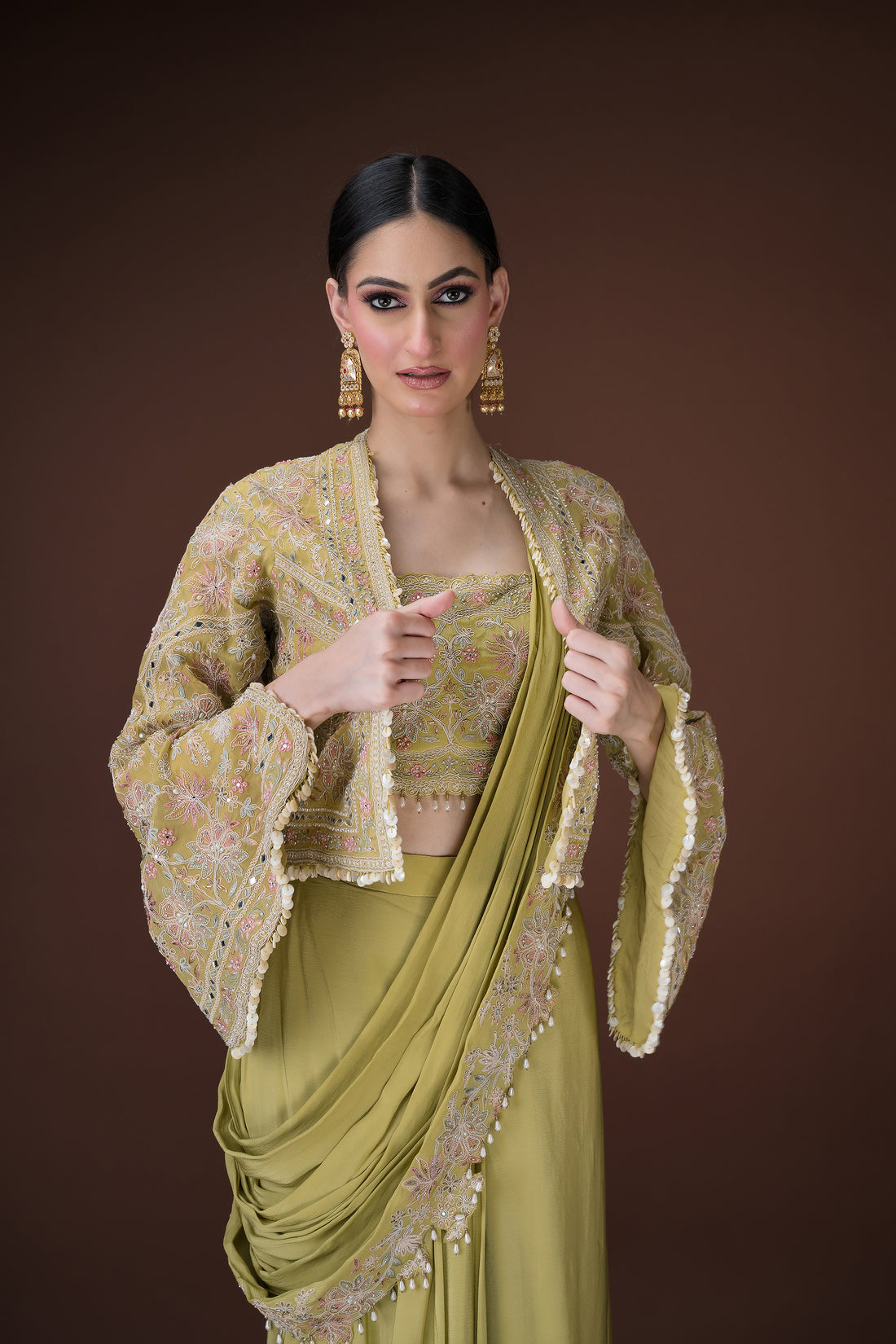Designer Mehendi Green Saree – Fine Beadwork with Traditional Parsi Motifs