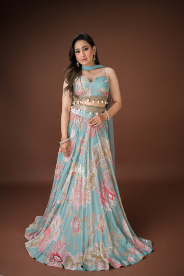 Aqua Blue Lehenga Choli with Floral Embroidery – Elegant V-Neck & Dupatta Set