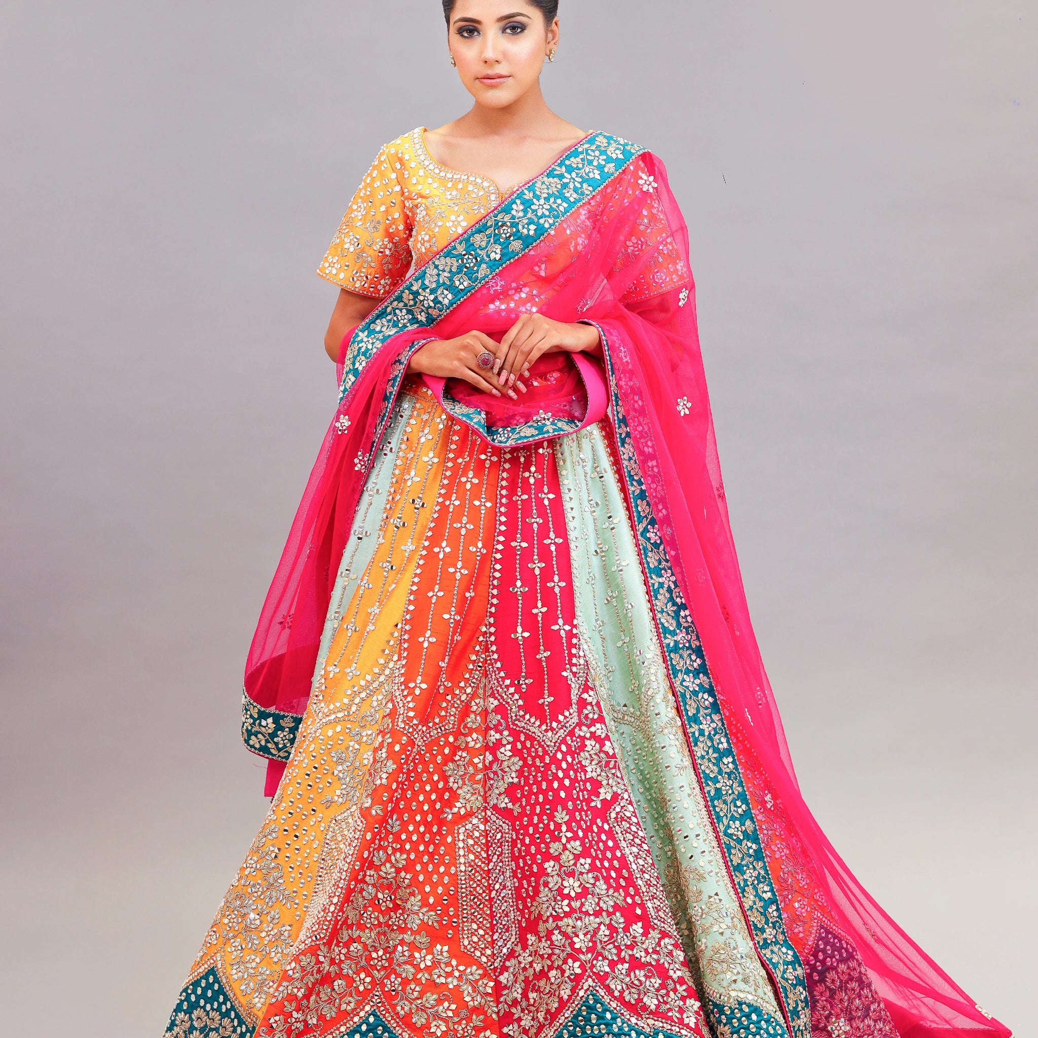 Pastel Multi Colour Raw Silk Fabric Lehenga Set