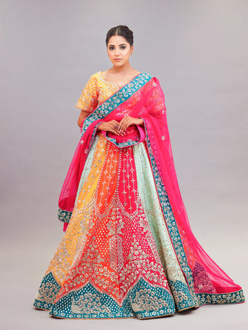 Pastel Multi Colour Raw Silk Fabric Lehenga Set