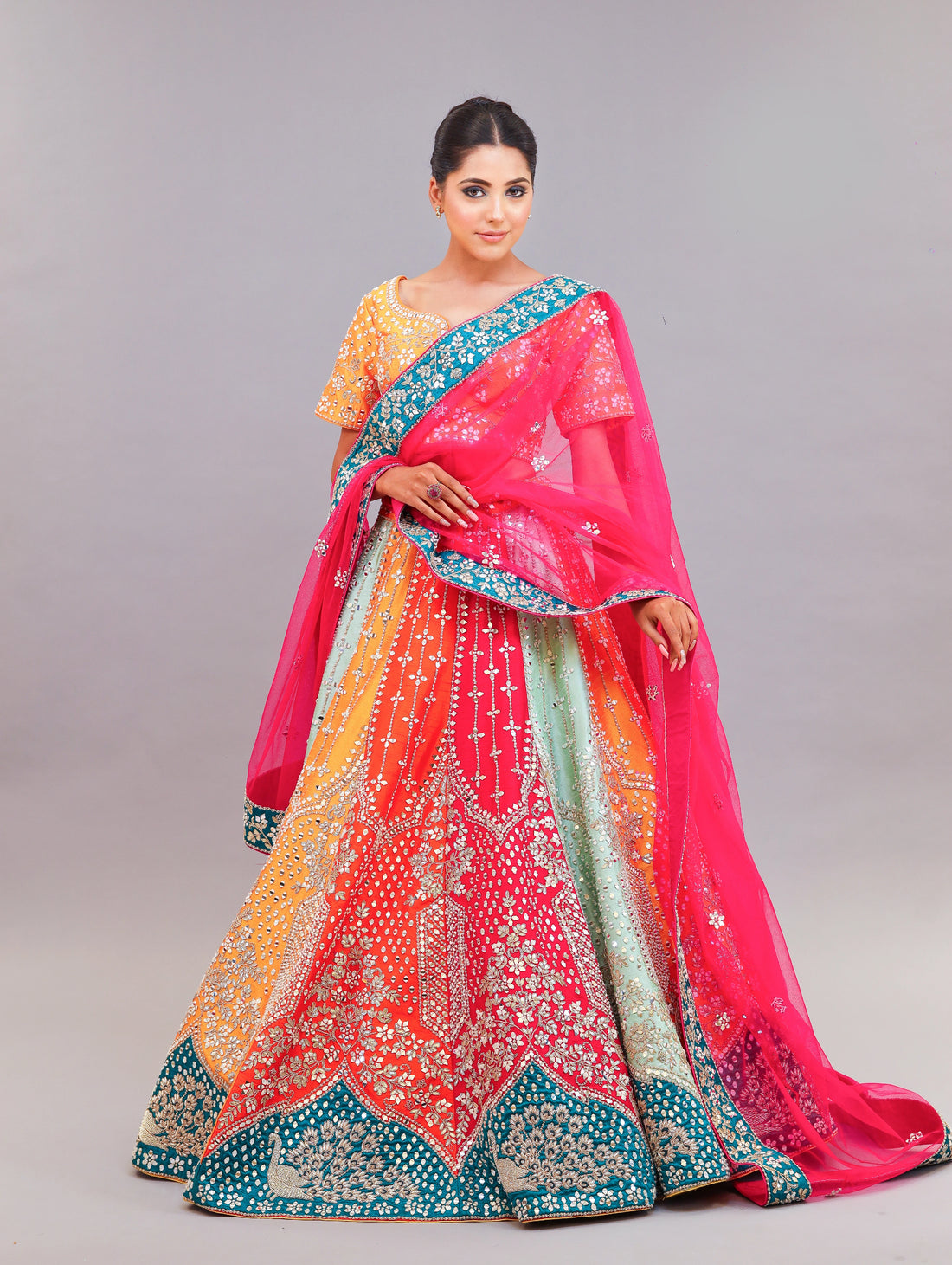 Pastel Multi Colour Raw Silk Fabric Lehenga Set