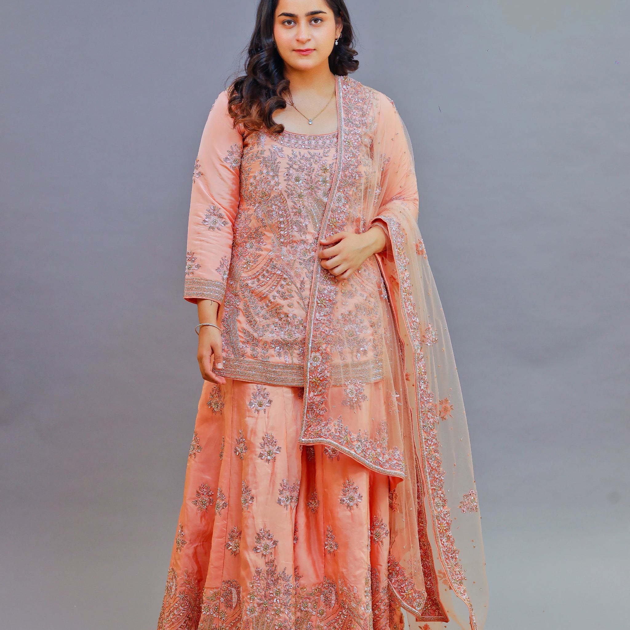 Peach Gabardine Silk Sharara Set