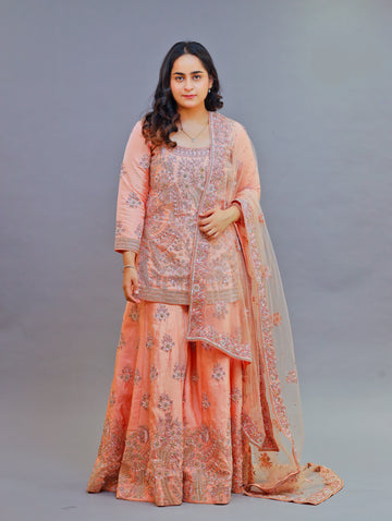 Peach Gabardine Silk Sharara Set