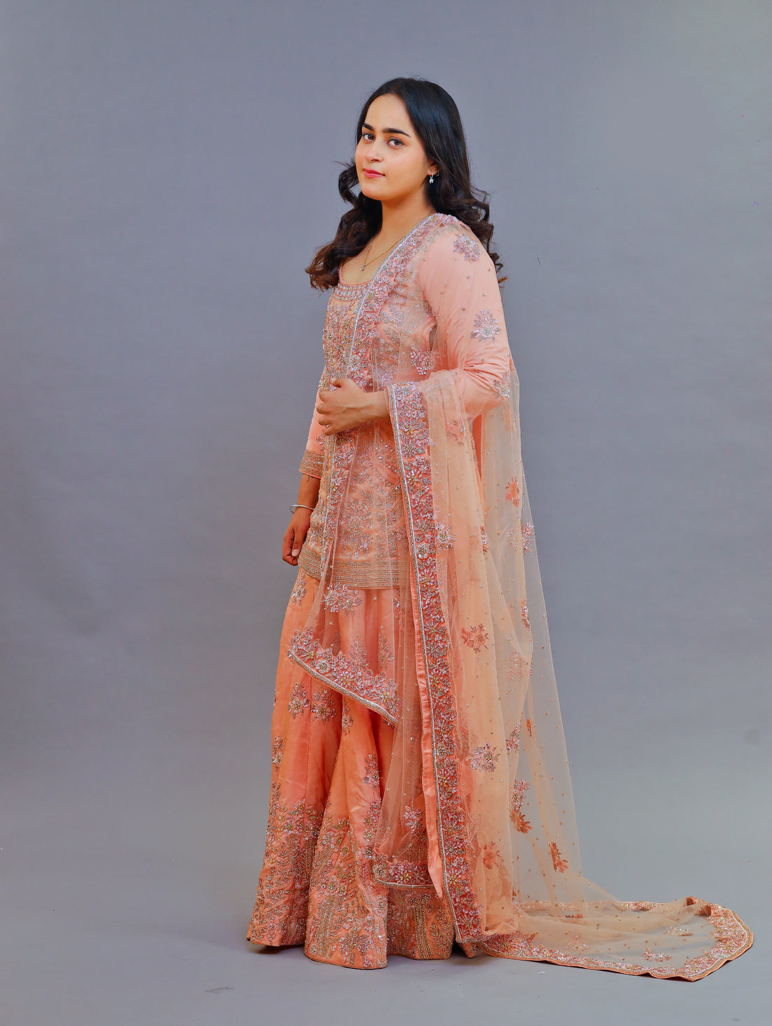 Peach Gabardine Silk Sharara Set