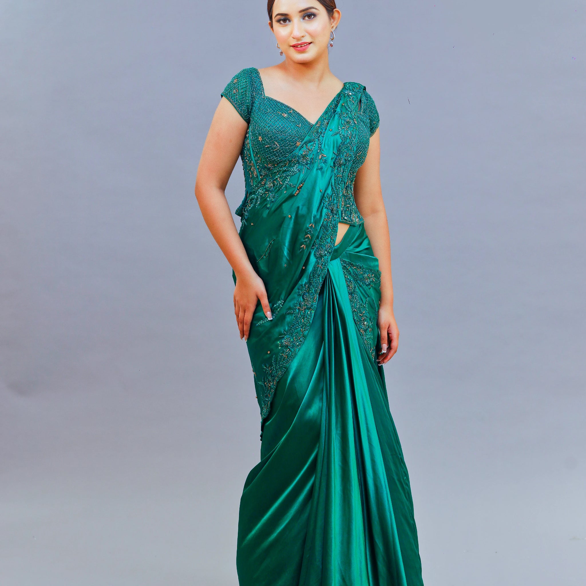 Shimoi Bottle Green Satin Saree