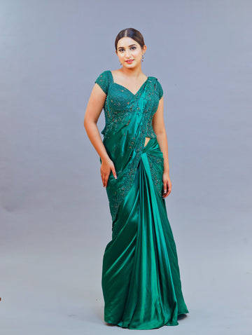 Shimoi Bottle Green Satin Saree