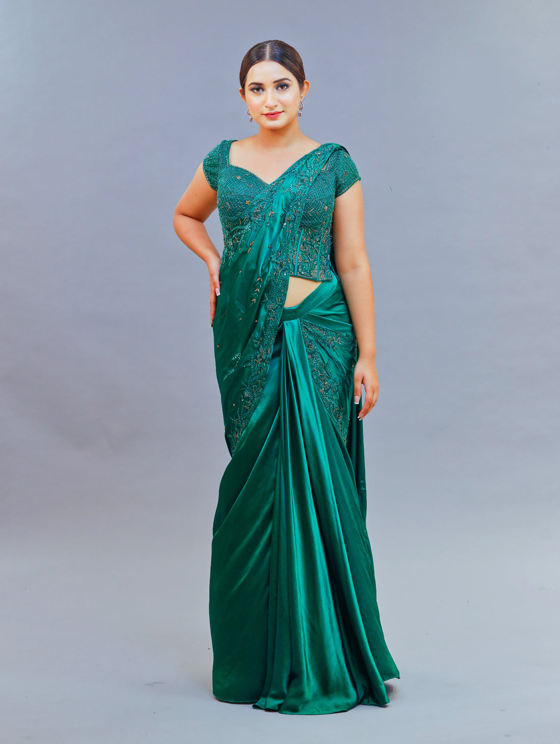 Shimoi Bottle Green Satin Saree